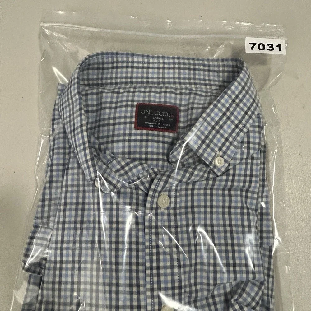 UNTUCKit Nahad Slim Fit Shirt Men Size Large Blue Checked Long Sleeve Nylon